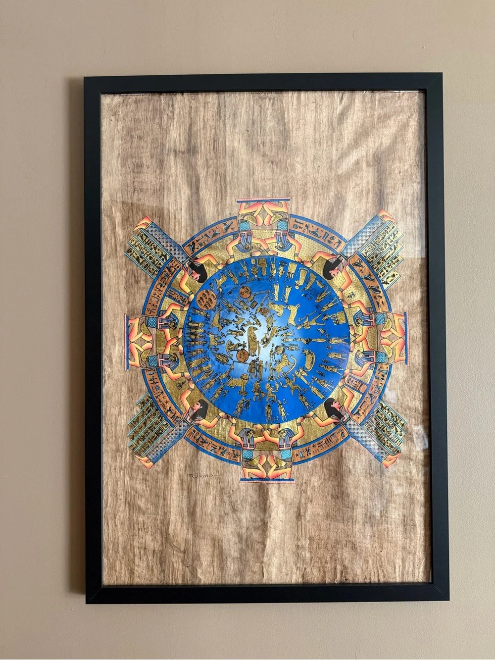Framed Blue and Gold Egyptian Sun Mandala Wall Papyrus Art - from Cairo 2019